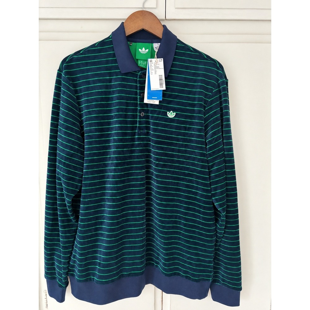 Adidas Originals Mens Velour Long Sleeve Polo Shirt Navy Green Striped Sample M